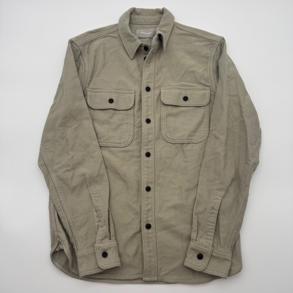 Everlane Mens Heavyweight Relaxed Flannel Shacket Khaki Cotton Twill Small - Picture 2 of 7